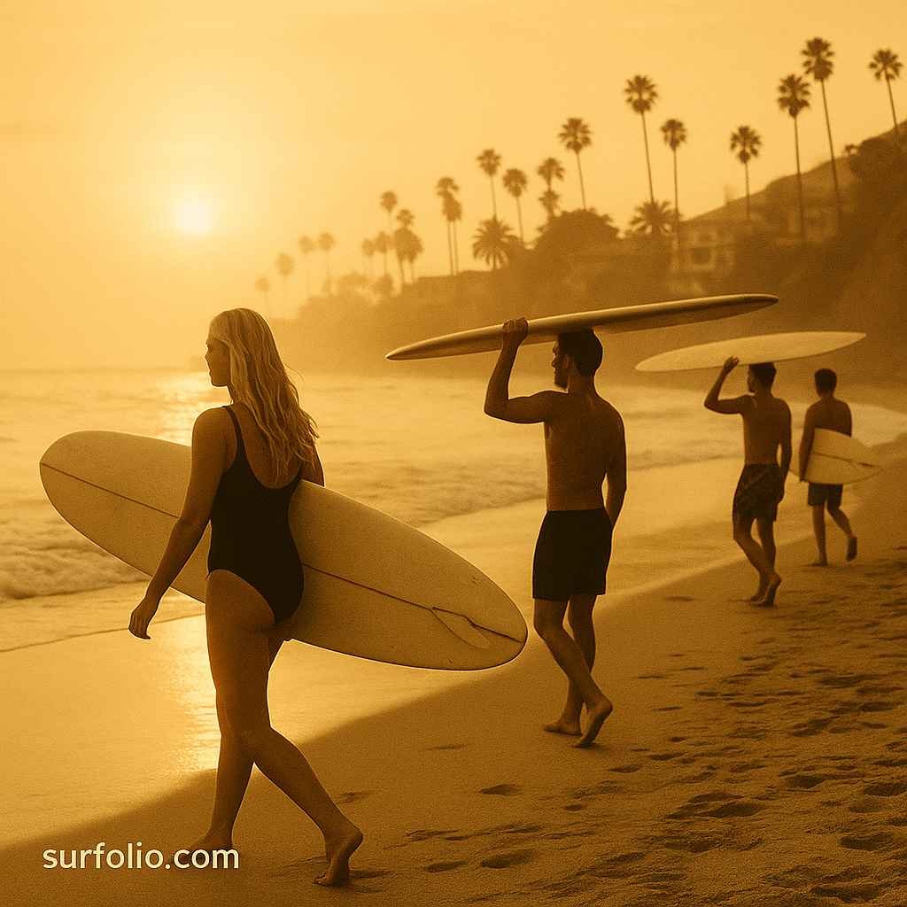 Vintage photo of surfers carrying longboards along a sunlit California beach during the 1960s surf boom.