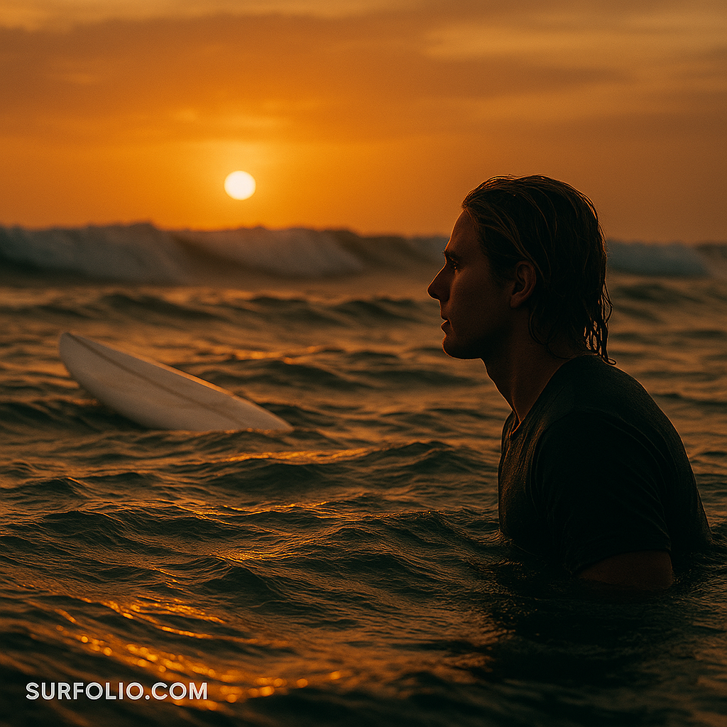 Surfer floating in the ocean at sunset with their board drifting away in the waves.