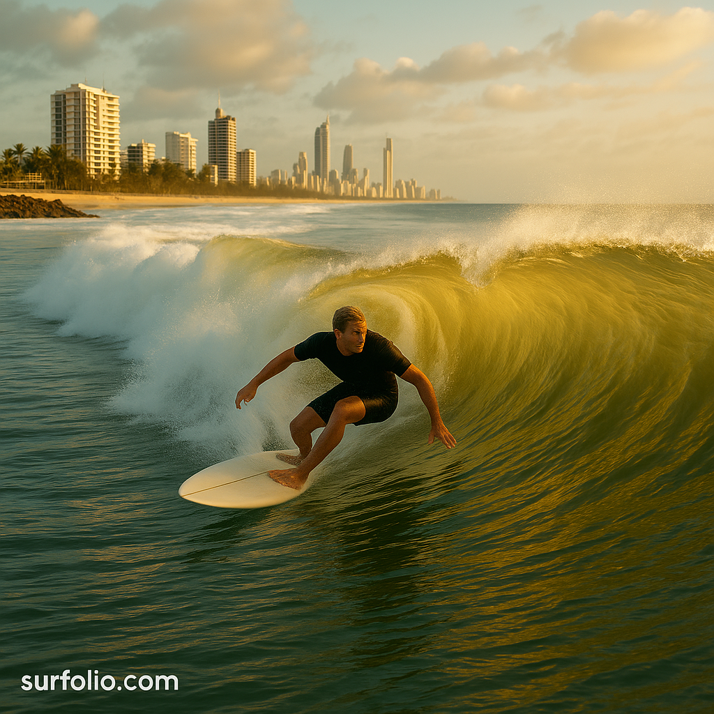 Surfer riding a long, peeling right-hand wave at Snapper Rocks on Australia’s Gold Coast.