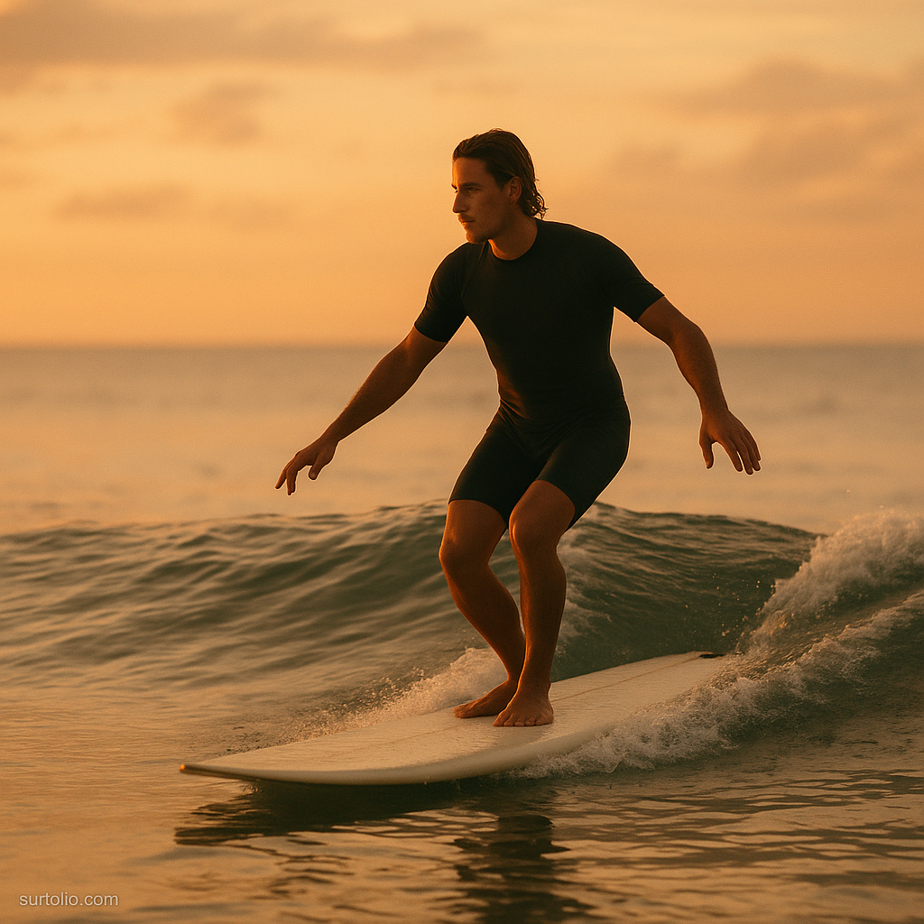 Surfer balancing on a board in calm water at sunrise.