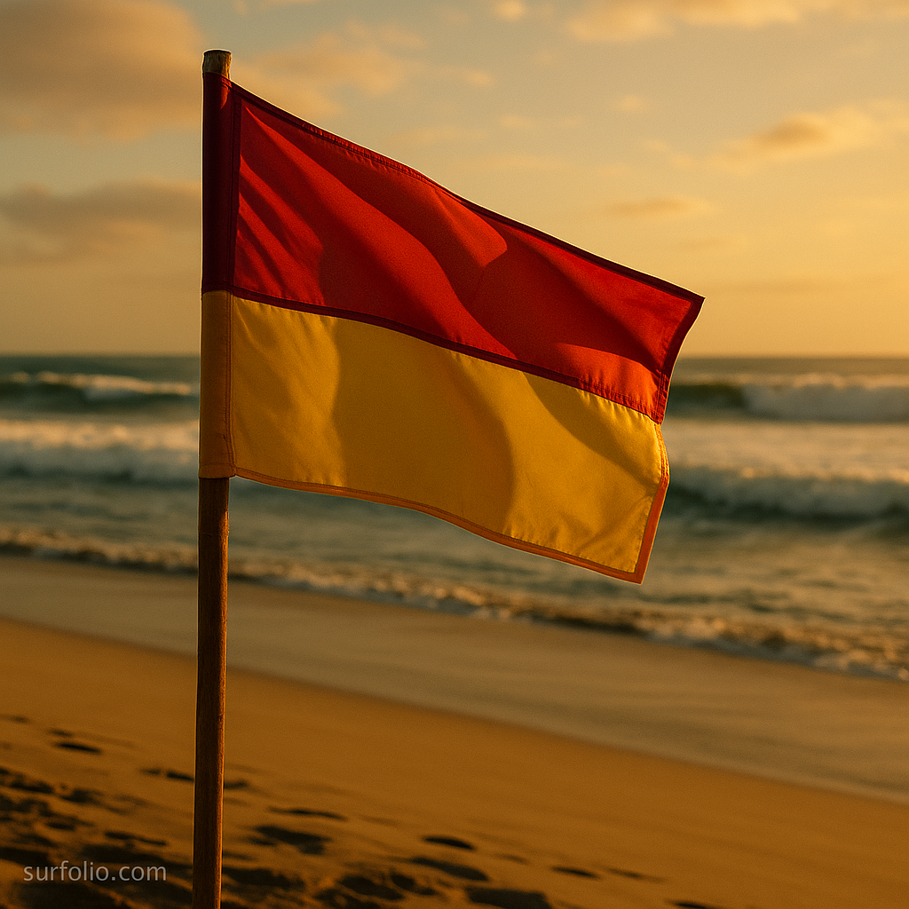 Red and yellow beach safety flag waving in golden sunlight with ocean waves behind.