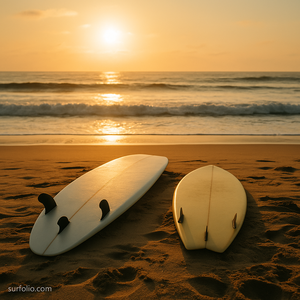 Beginner longboard and performance shortboard resting side by side on the sand at sunrise.