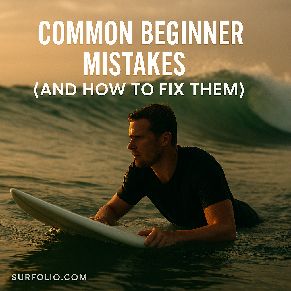A beginner surfer standing alone in shallow water beside their board at sunrise, preparing to paddle out under warm golden light.