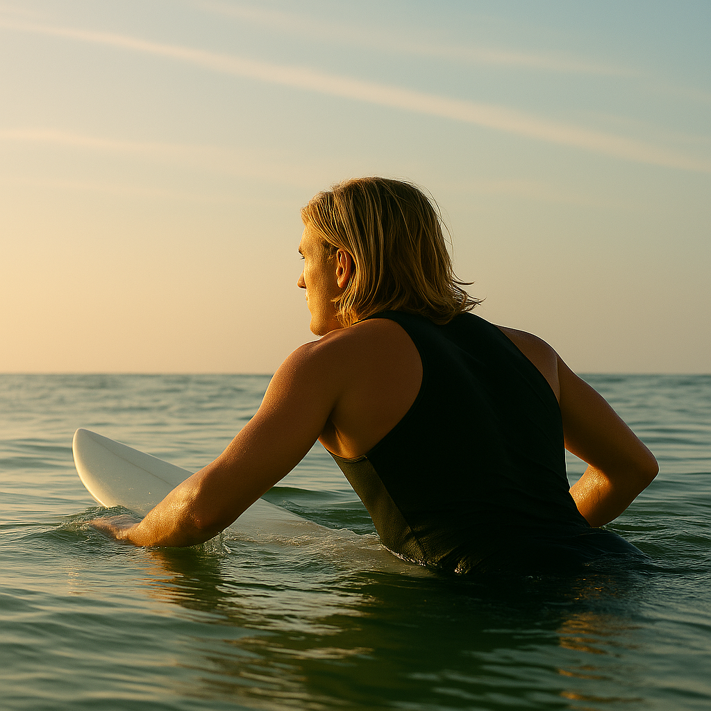 A surfer paddles out toward the lineup under a golden sunrise.