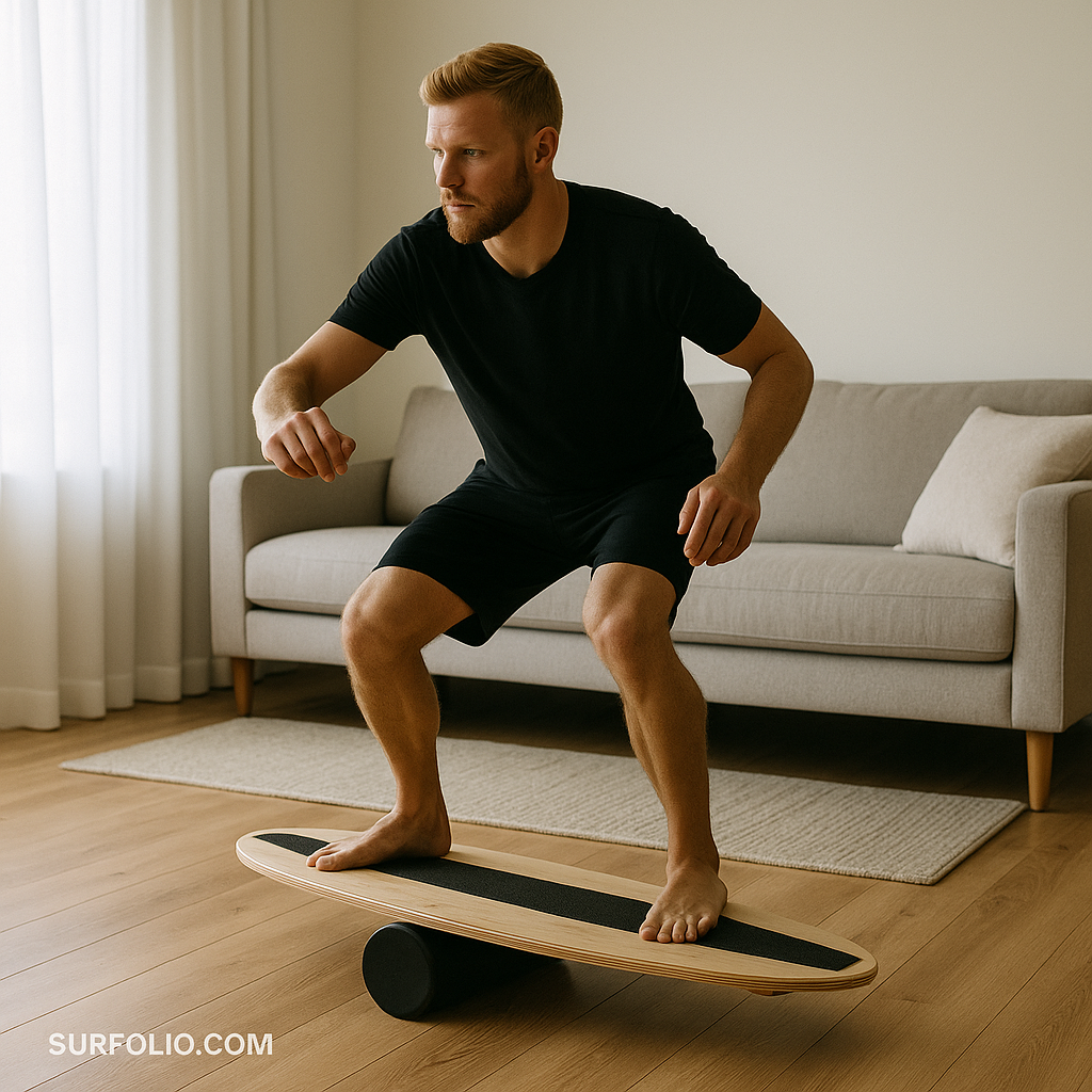 Surfer practicing balance on an indoor balance board to improve surf stability and core strength.