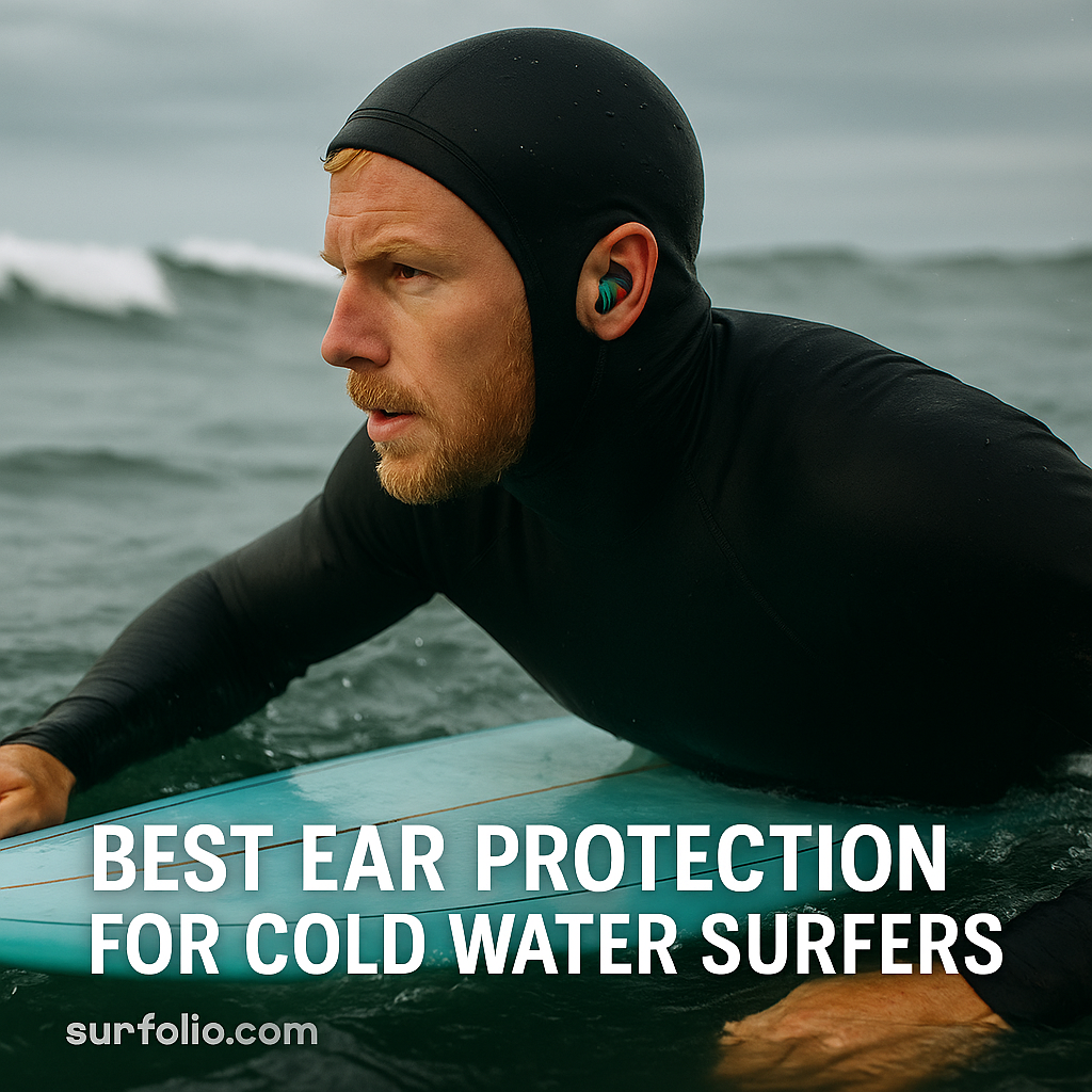 Surfer wearing a hood and earplugs while paddling out in cold ocean water.