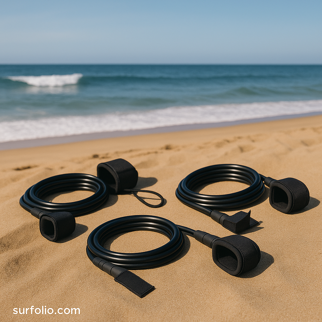 Surfboard leashes coiled on sandy beach with ocean waves in the background.