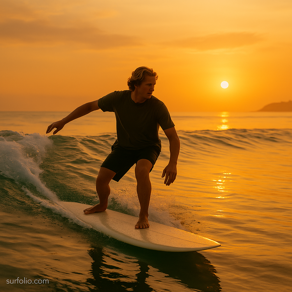A beginner surfer catching a small wave in warm tropical water at sunset, representing surf learning abroad.