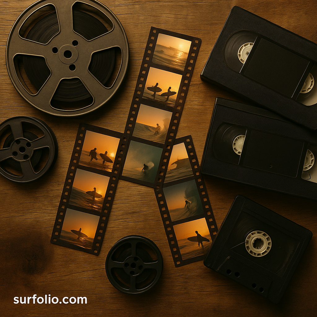 Flat-lay of vintage film reels, cassettes, and photo strips on a wooden desk with warm lighting, symbolizing classic surf documentaries.