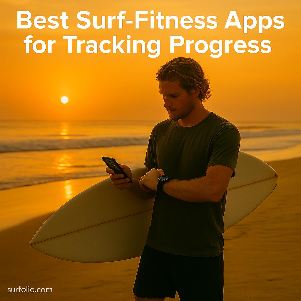 Surfer using smartwatch and phone to track fitness progress during sunrise training session.