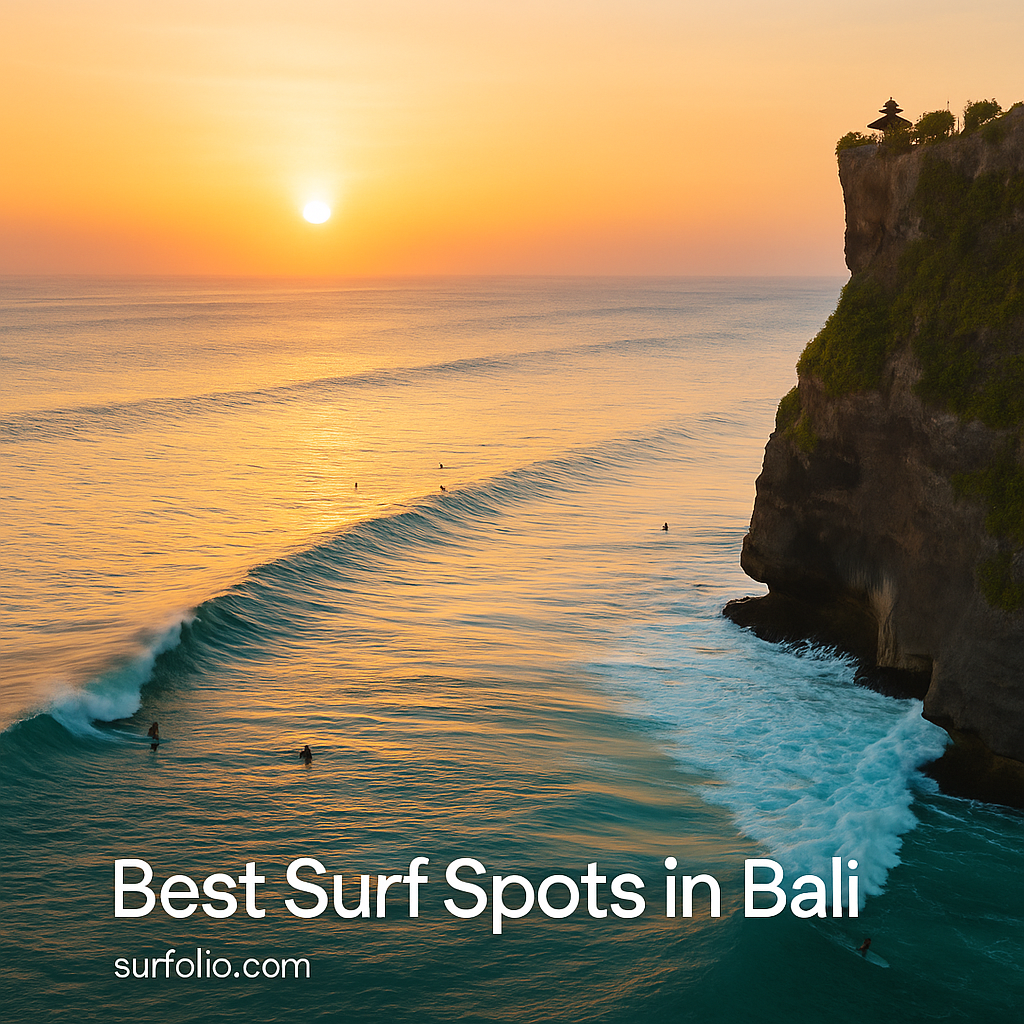 Surfers riding waves at Uluwatu beneath Bali’s iconic cliffside temples at sunrise.