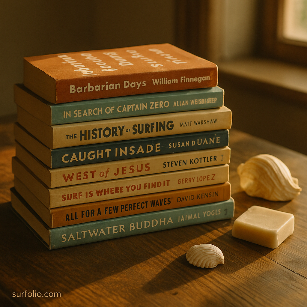 Stack of classic surf-themed books resting on a wooden table beside a seashell and surf wax under warm sunlight.
