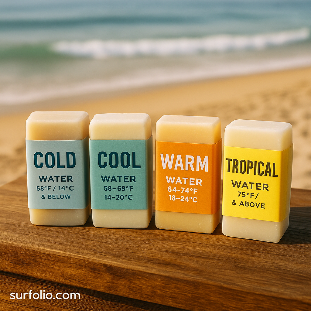 Various surf wax bars labeled for cold, cool, warm, and tropical water on a wooden surface by the beach.