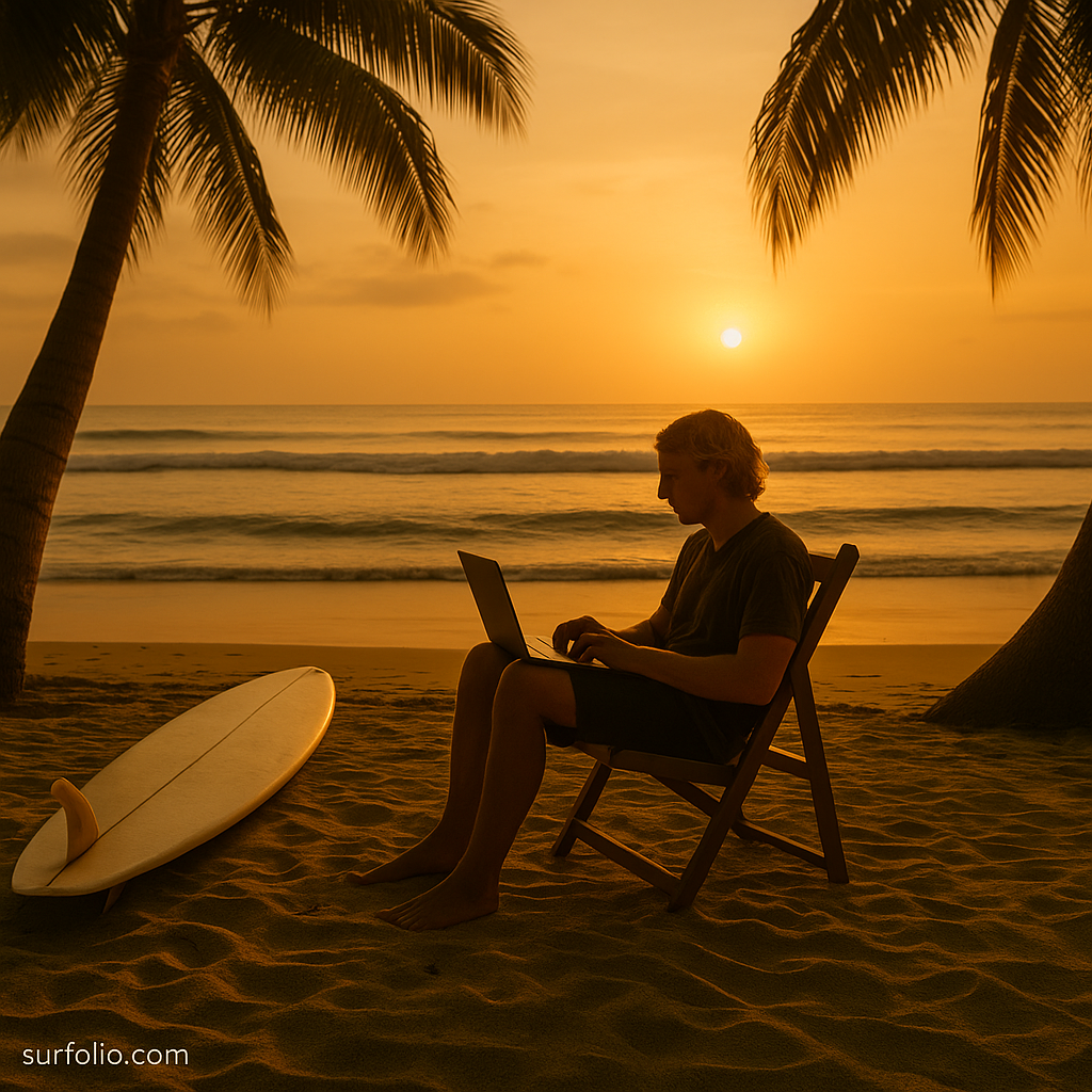 Digital nomad surfer working on a laptop beside a surfboard at sunrise on a tropical beach.