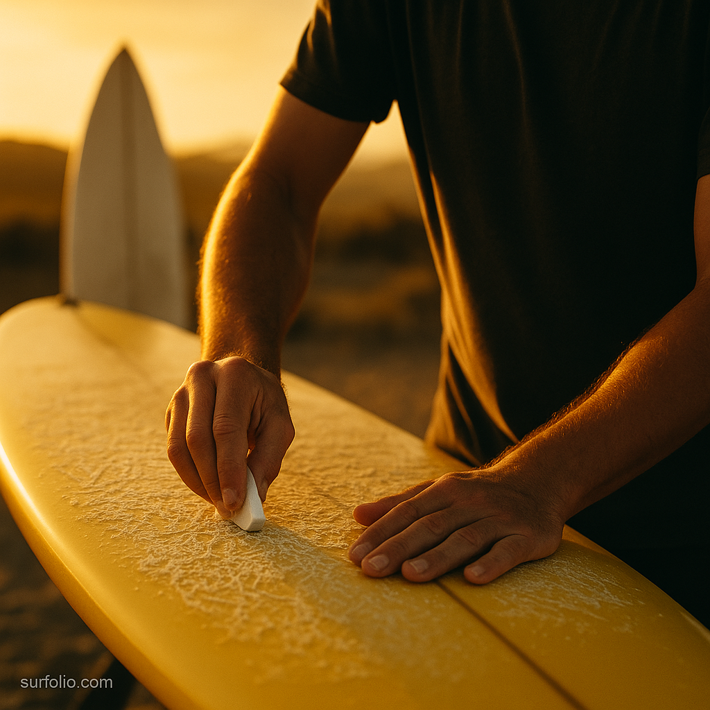 Close-up of surfboard deck being waxed for traction under warm sunlight.