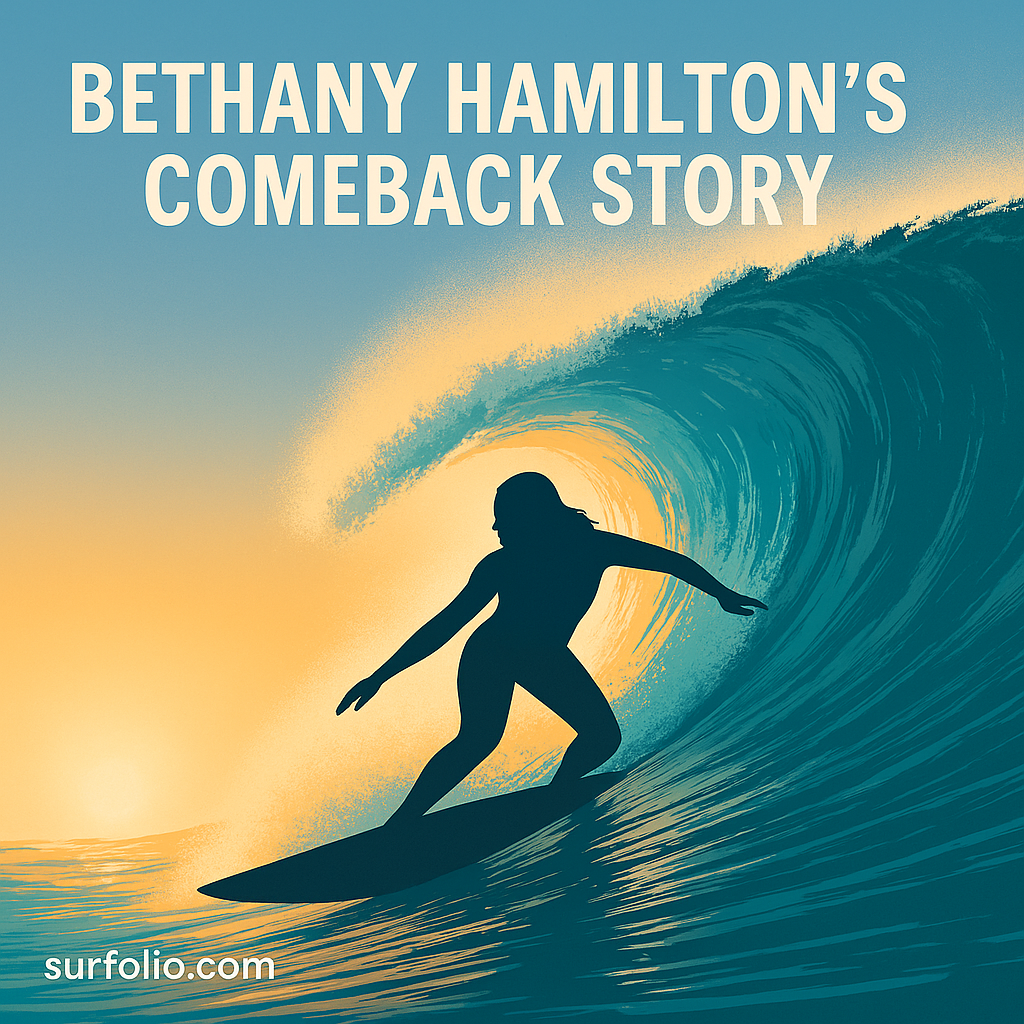 Bethany Hamilton rides a turquoise wave at sunrise, symbolizing resilience and determination.