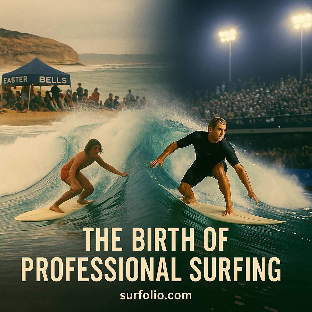 A split-era image showing the evolution from early surf contests to modern professional surfing.