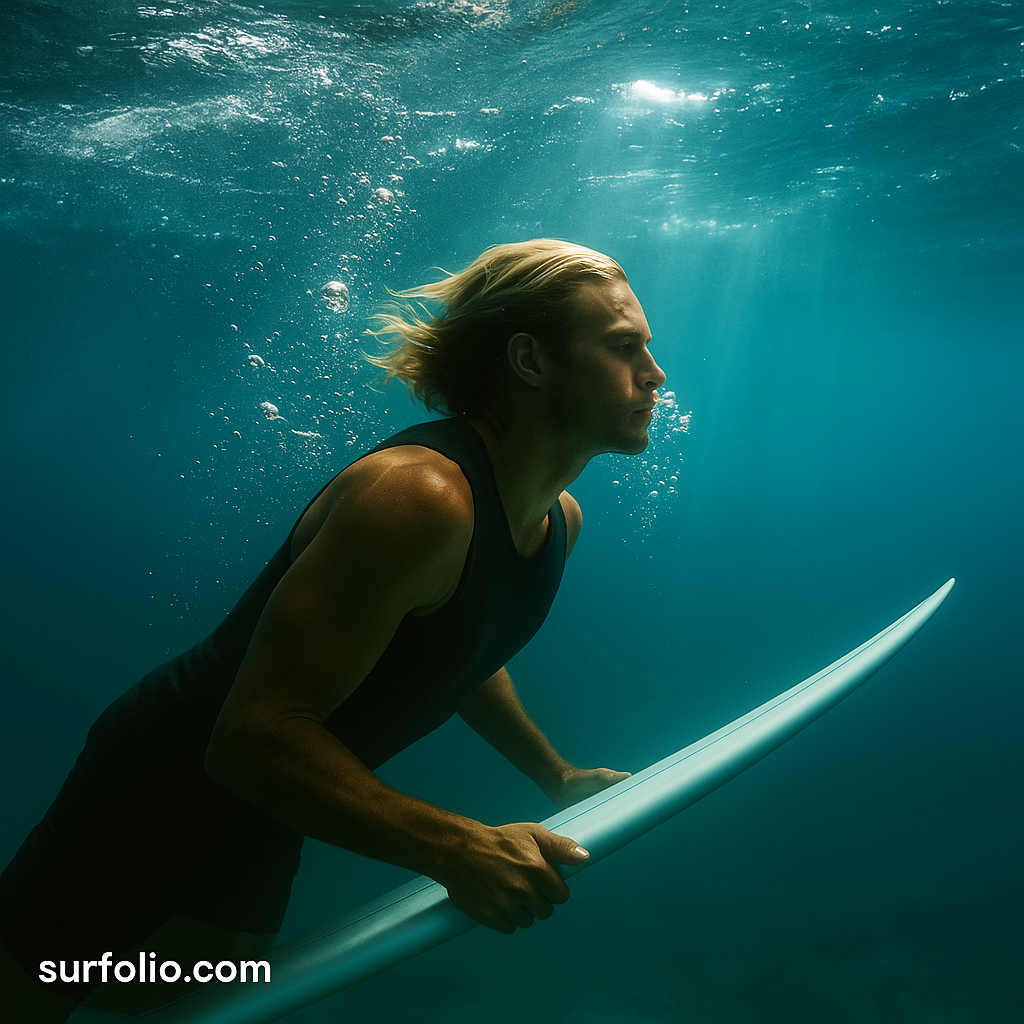 Surfer holding breath underwater, symbolizing calm and focus during big-wave conditions.