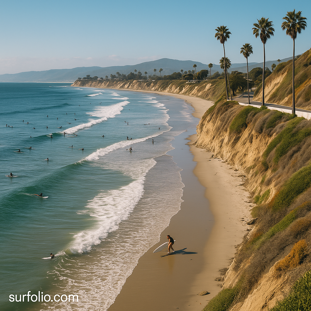 Surfers catching small waves along the California coastline with cliffs, palm trees, and golden light in the background.