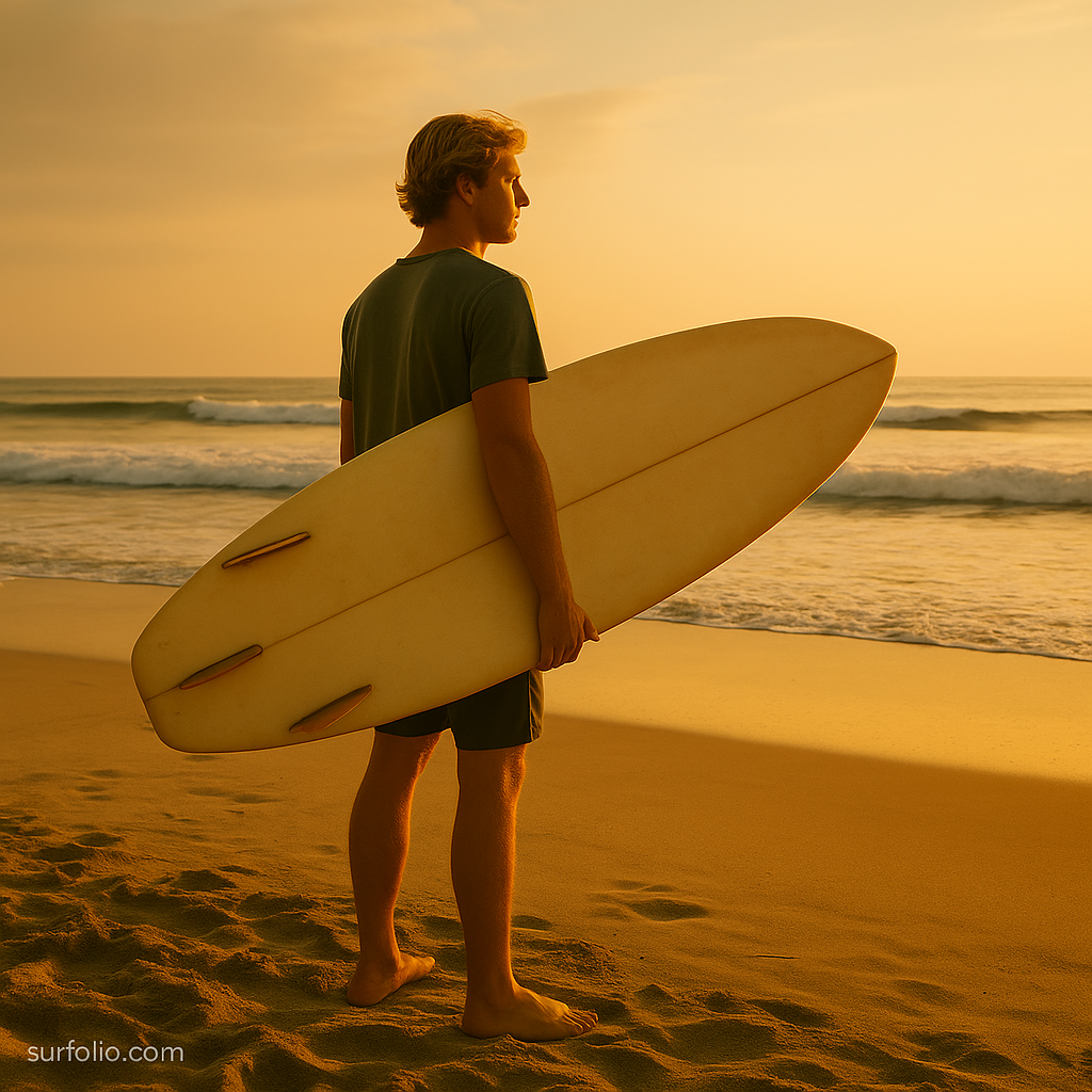 Surfer holding a short, wide board on a sunny beach with small rolling waves.