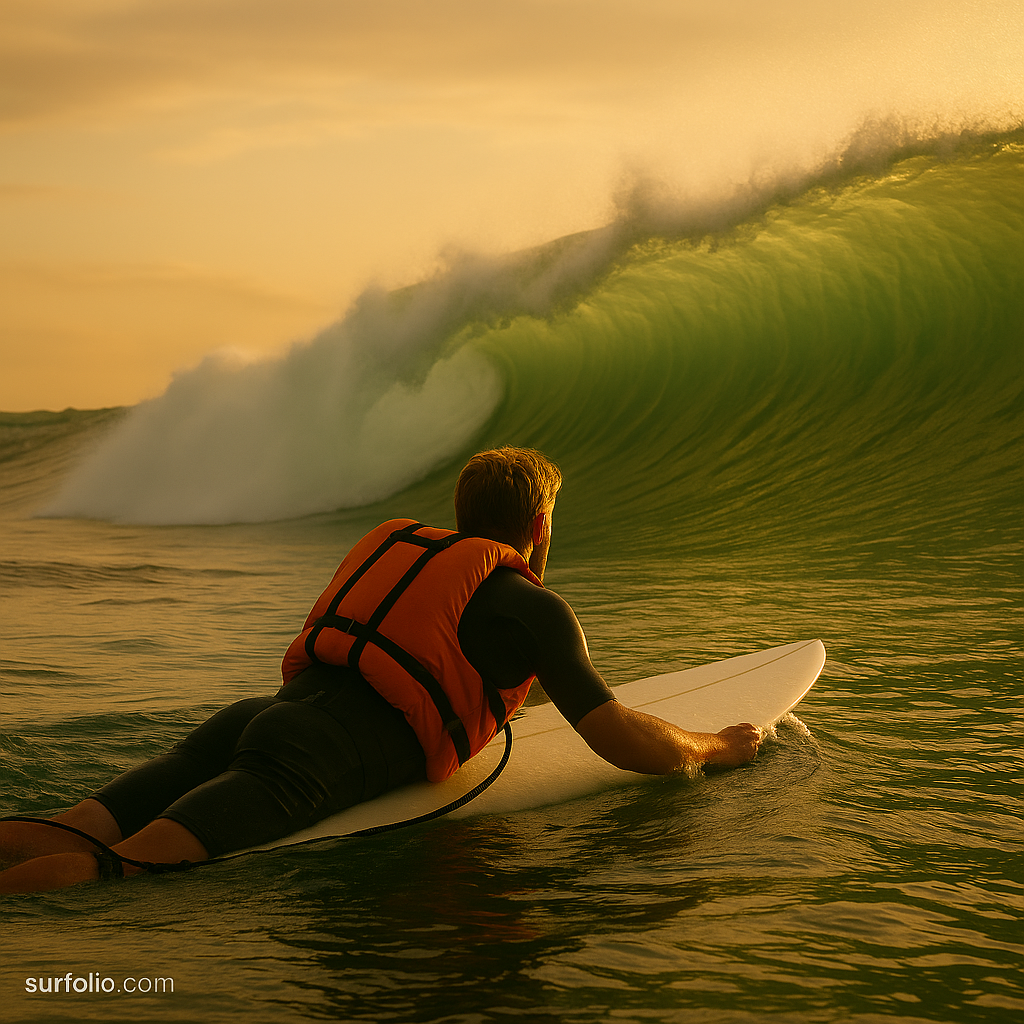 Big-wave surfer wearing an inflatable vest and leash paddling toward a large ocean swell under golden light.