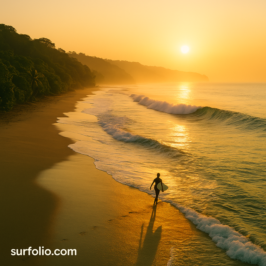 Aerial view of Costa Rica’s Pacific coastline with a surfer heading to the waves at sunrise.