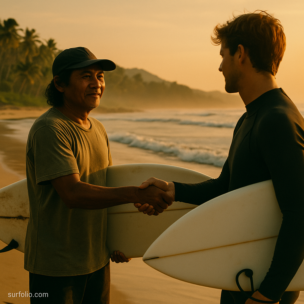Surfer greeting a local at sunrise before paddling out in a tropical surf spot.