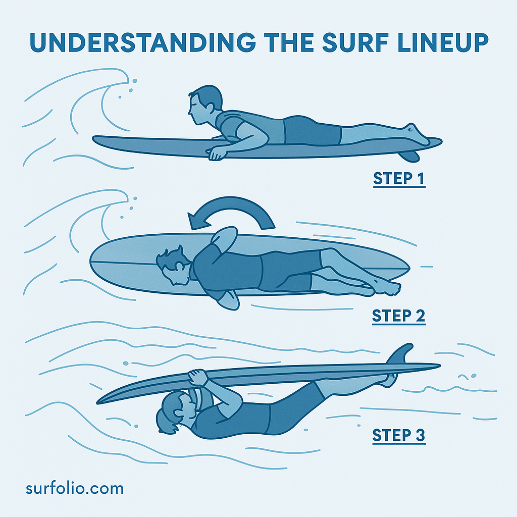 Flat vector illustration of a surfer underwater performing a turtle roll while holding onto the longboard rails