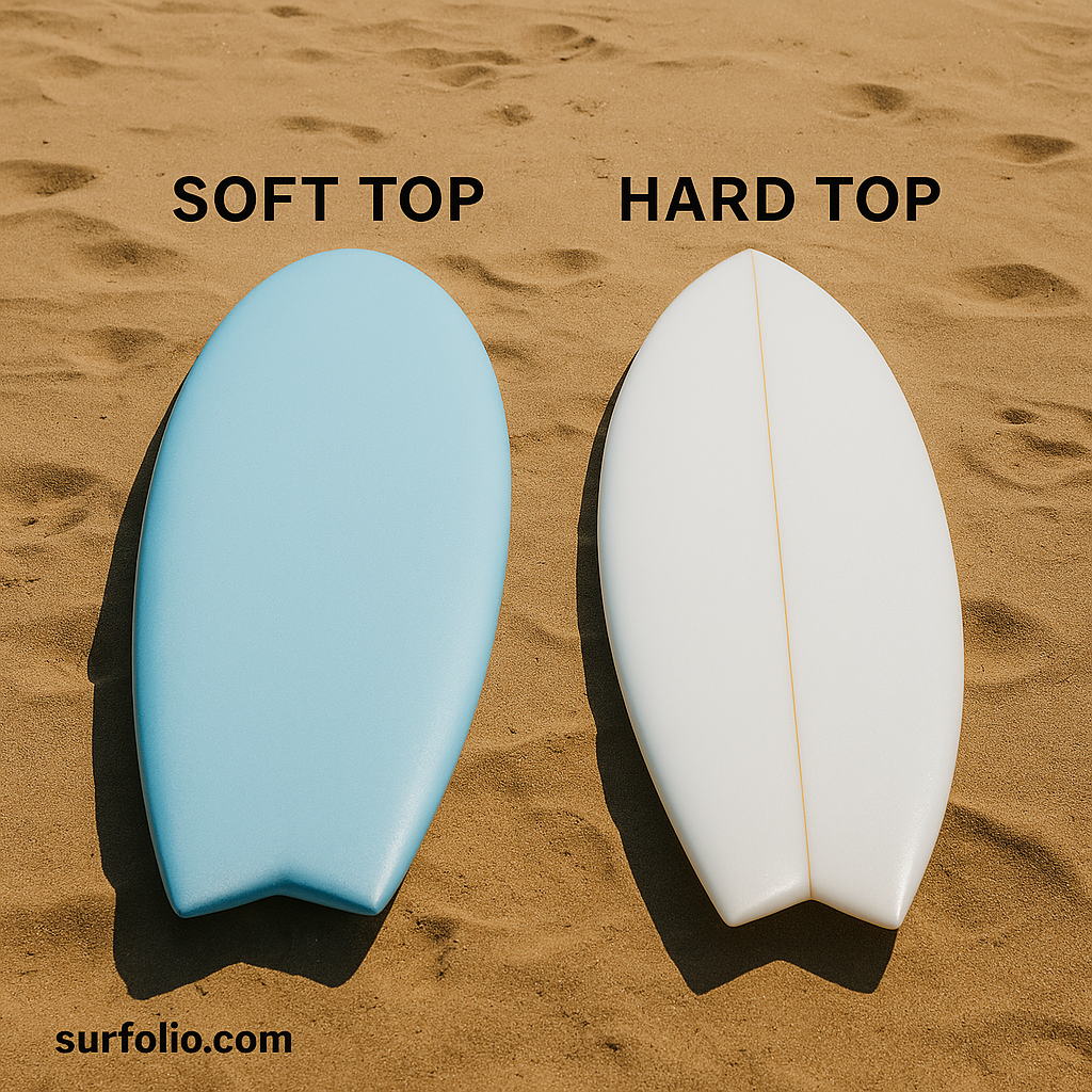 Soft top and hard top surfboards lying side by side on the beach under sunlight.
