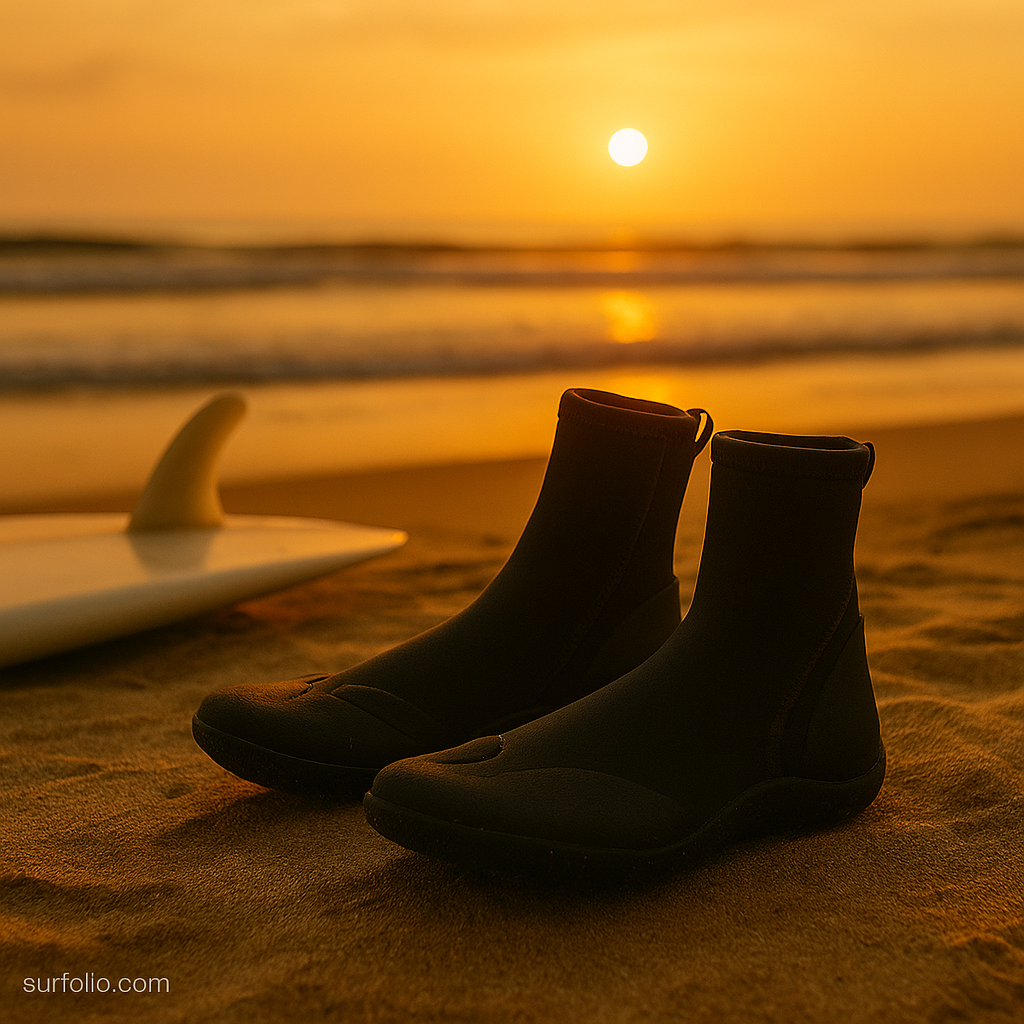 A pair of surf booties resting on the sand beside a surfboard at sunrise.
