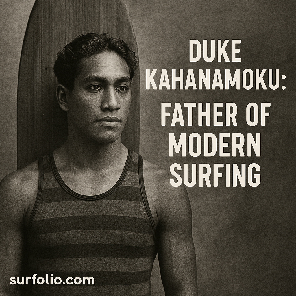 Bronze statue of Duke Kahanamoku at Waikiki Beach surrounded by leis and palm trees.