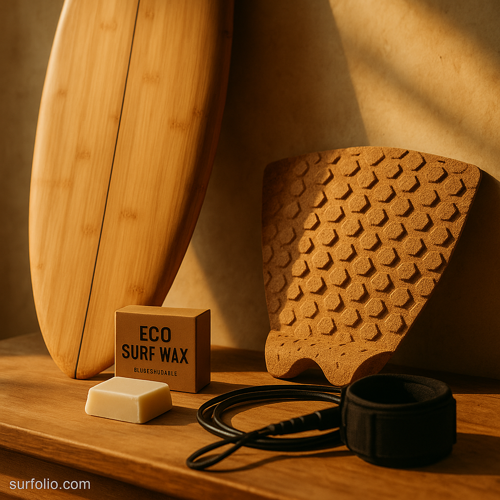 Eco-friendly surf gear including a bamboo surfboard, cork traction pad, and biodegradable wax displayed in golden light.