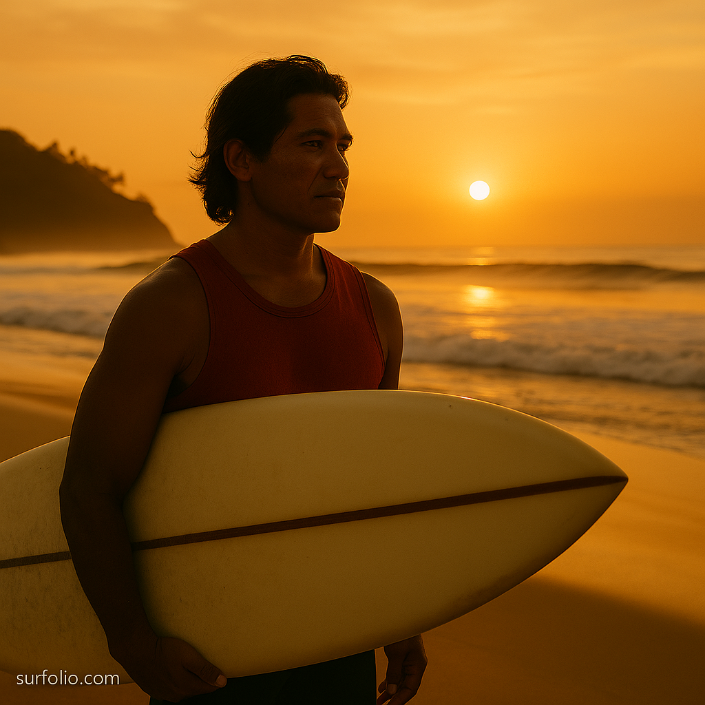 A portrait of Eddie Aikau standing with his surfboard at Waimea Bay during golden hour, symbolizing bravery and aloha spirit.