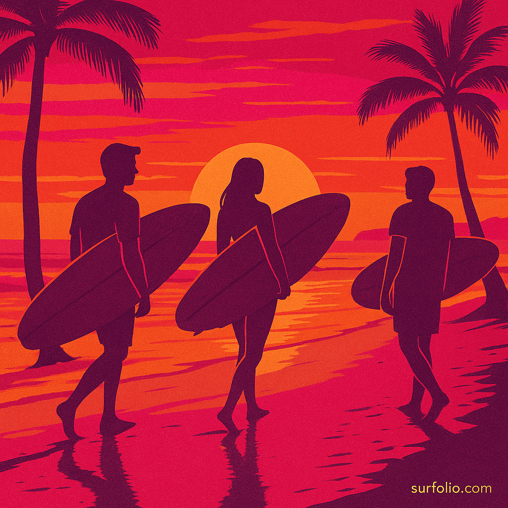 Surfers walking along a golden beach with boards under their arms at sunset, evoking The Endless Summer spirit.