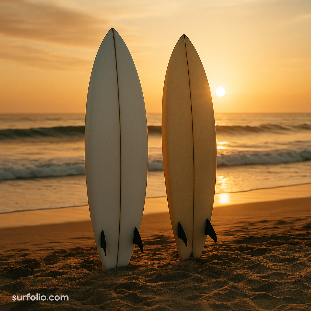 Two surfboards side by side on the beach, one epoxy and one polyurethane, under sunrise lighting.