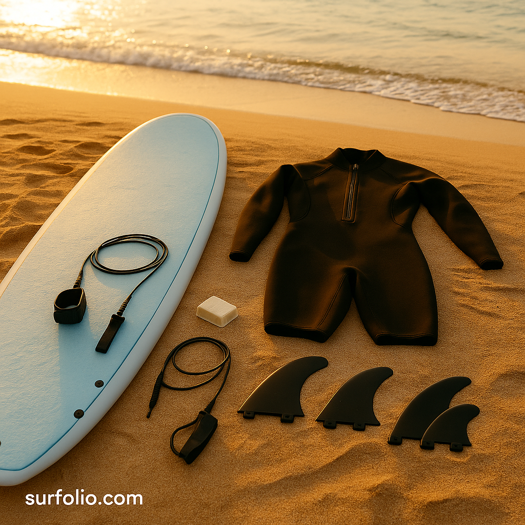 Beginner surf gear including a foam board, wetsuit, leash, wax, and fins laid out on the sand.
