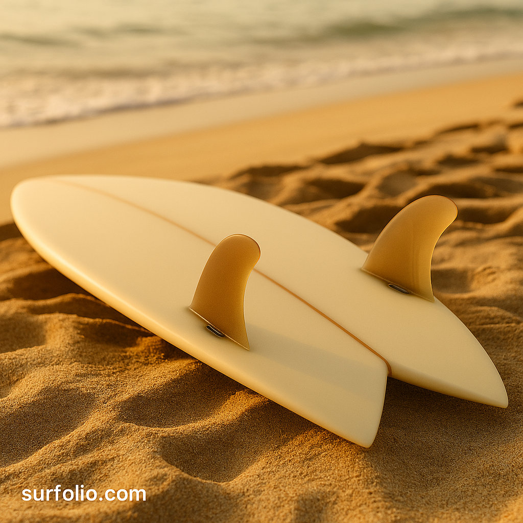 A fish surfboard with a swallow tail and twin fins resting on the beach under soft sunlight.