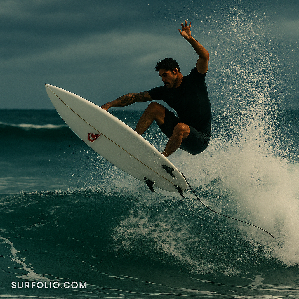 Gabriel Medina performing a powerful aerial maneuver during a competition heat.