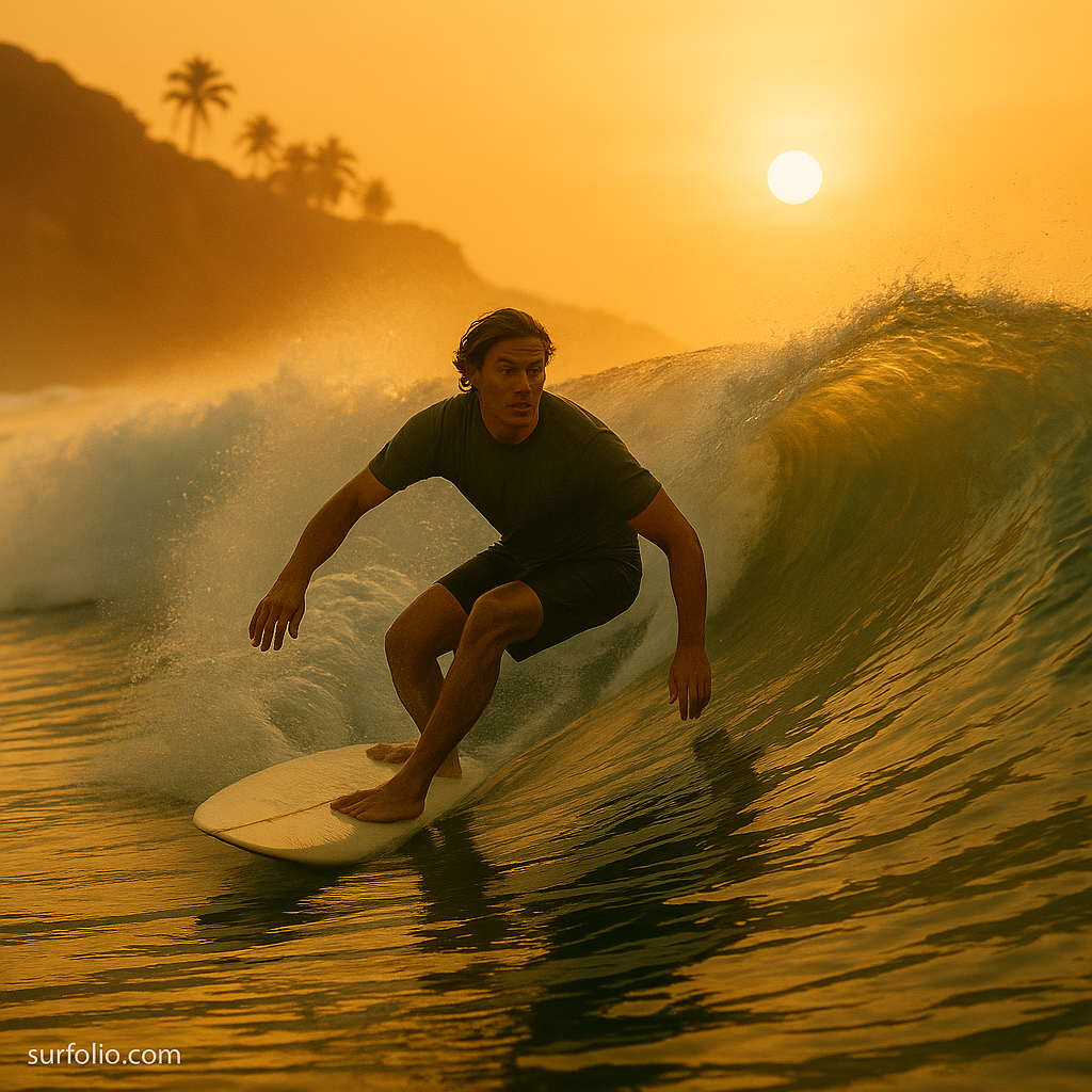 Surfer gliding along a golden Hawaiian wave inspired by ancient legends and mythology.