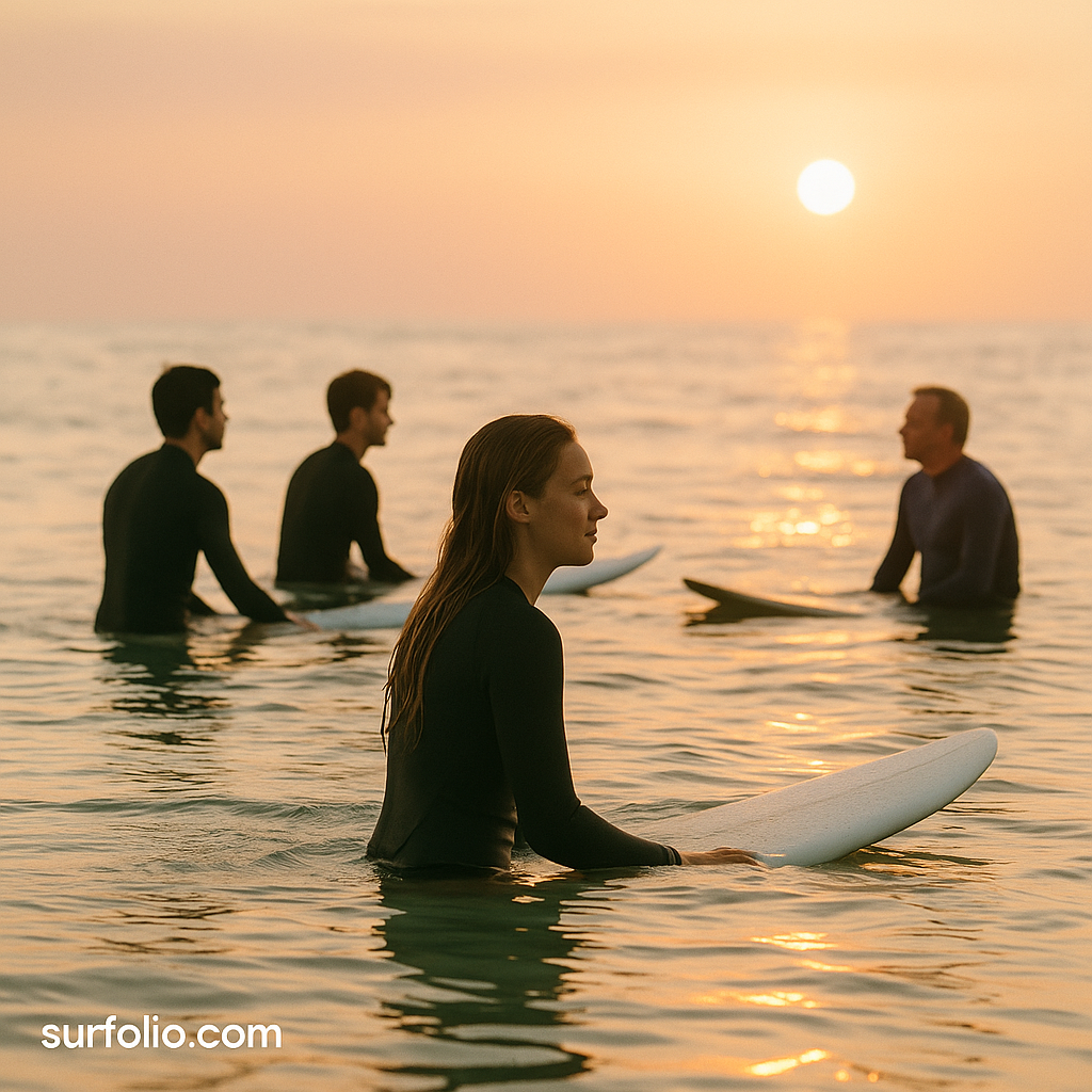 Surfers waiting in the lineup at sunrise, practicing proper surf etiquette.