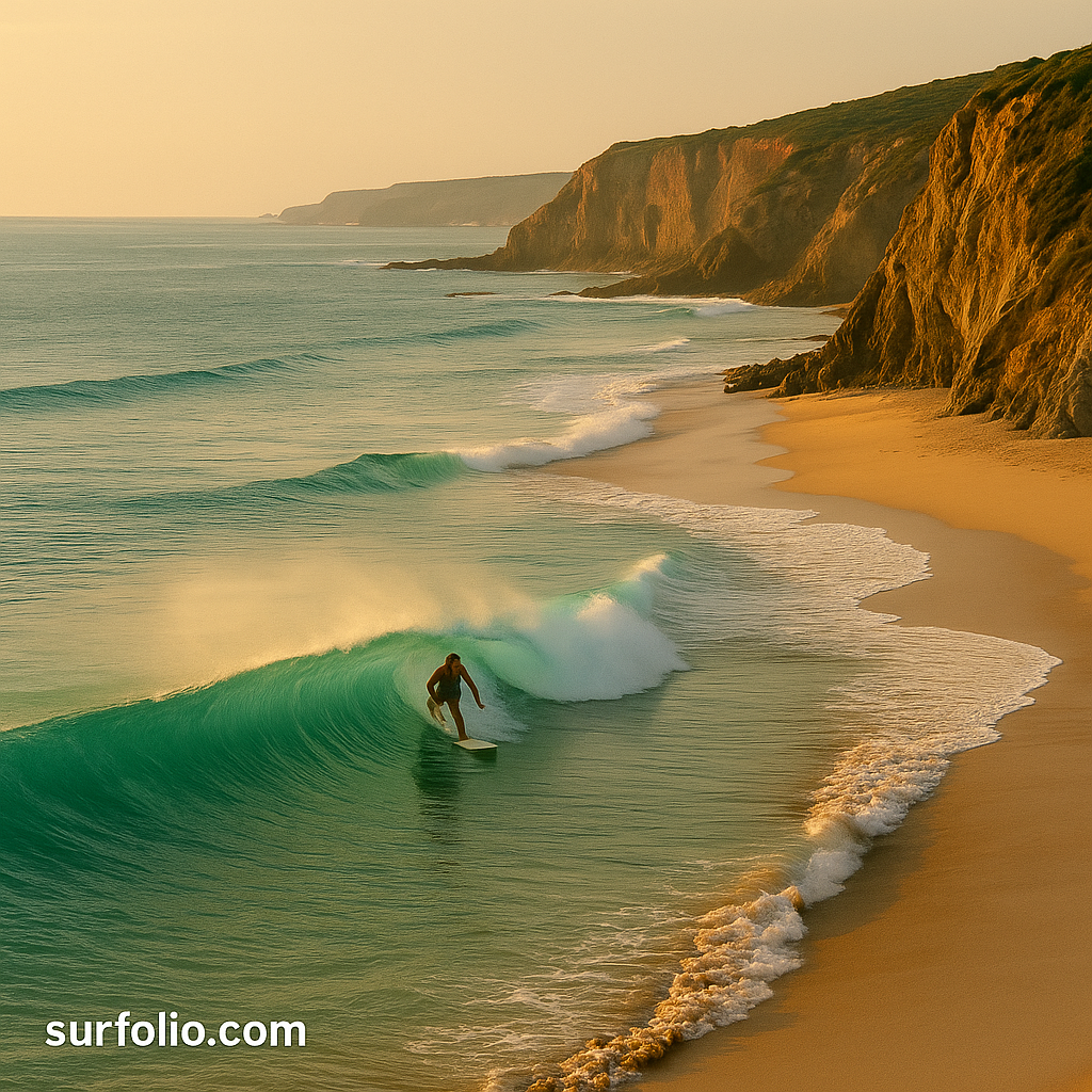 A secluded Portuguese beach with turquoise waves peeling along cliffs at sunrise.