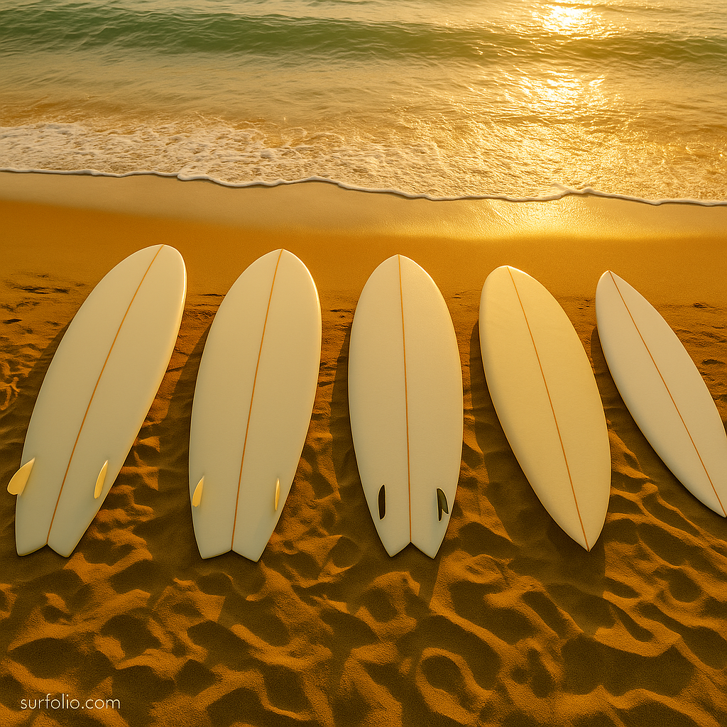 Surfboards of different shapes and tail designs lined up on a beach at sunrise, showing how board design affects maneuverability.