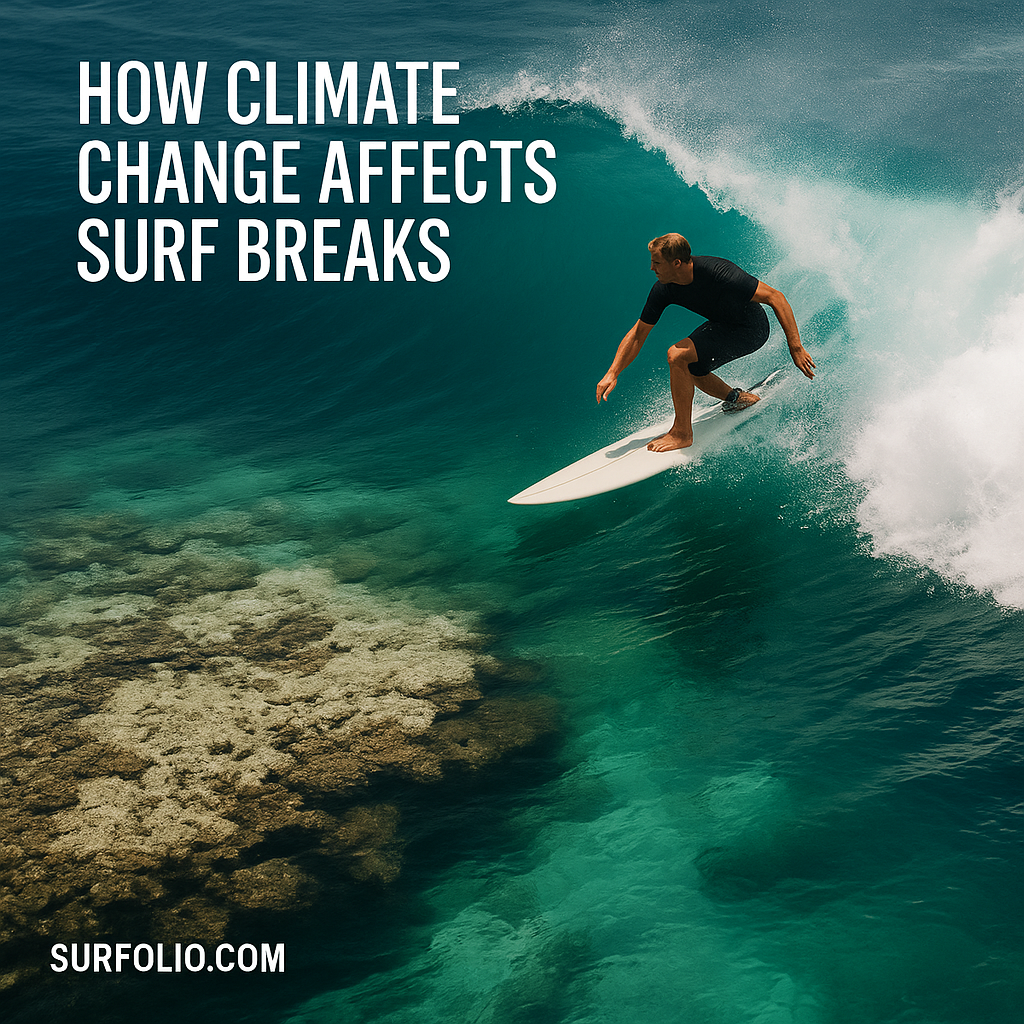 Aerial view of a reef surf break affected by coral bleaching and rising sea levels.