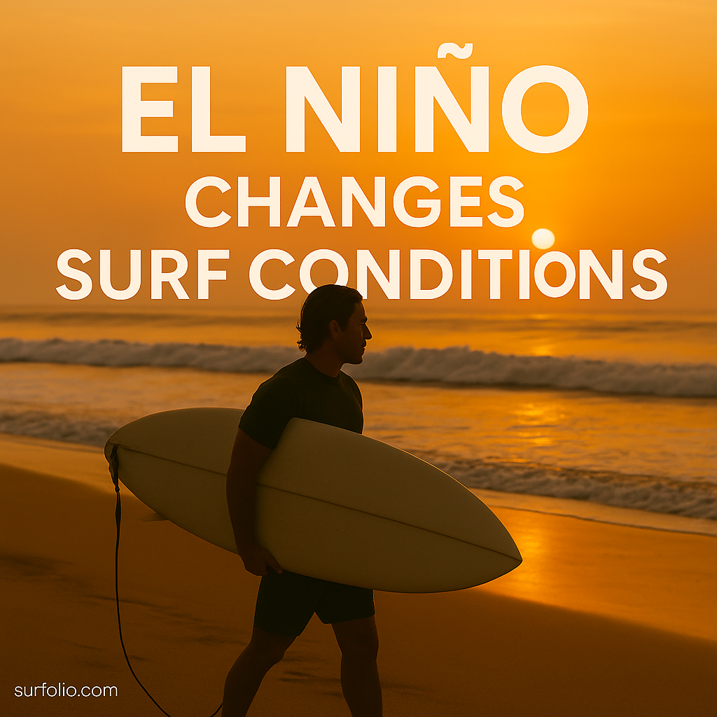 A global surf map illustration showing how El Niño affects wave patterns and weather across different coasts.