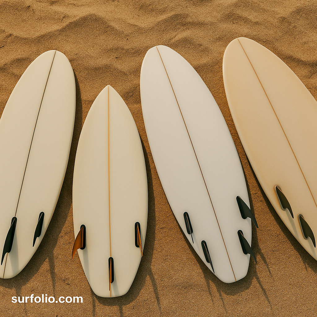 Different surfboard fin setups displayed side by side on the beach.