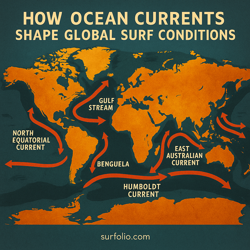A world map showing major ocean currents and how they influence global surf spots and swell directions.