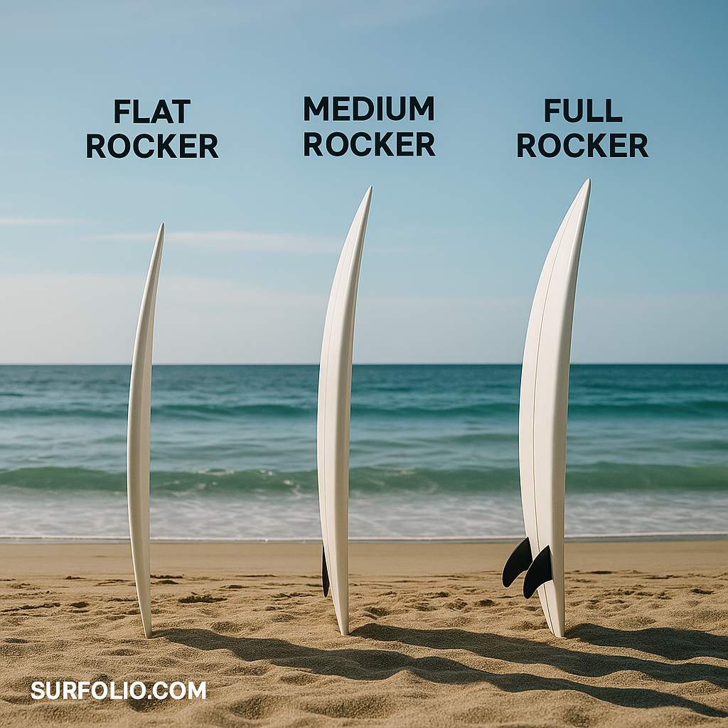 Side view of surfboards showing different rocker profiles—flat, medium, and high curves.