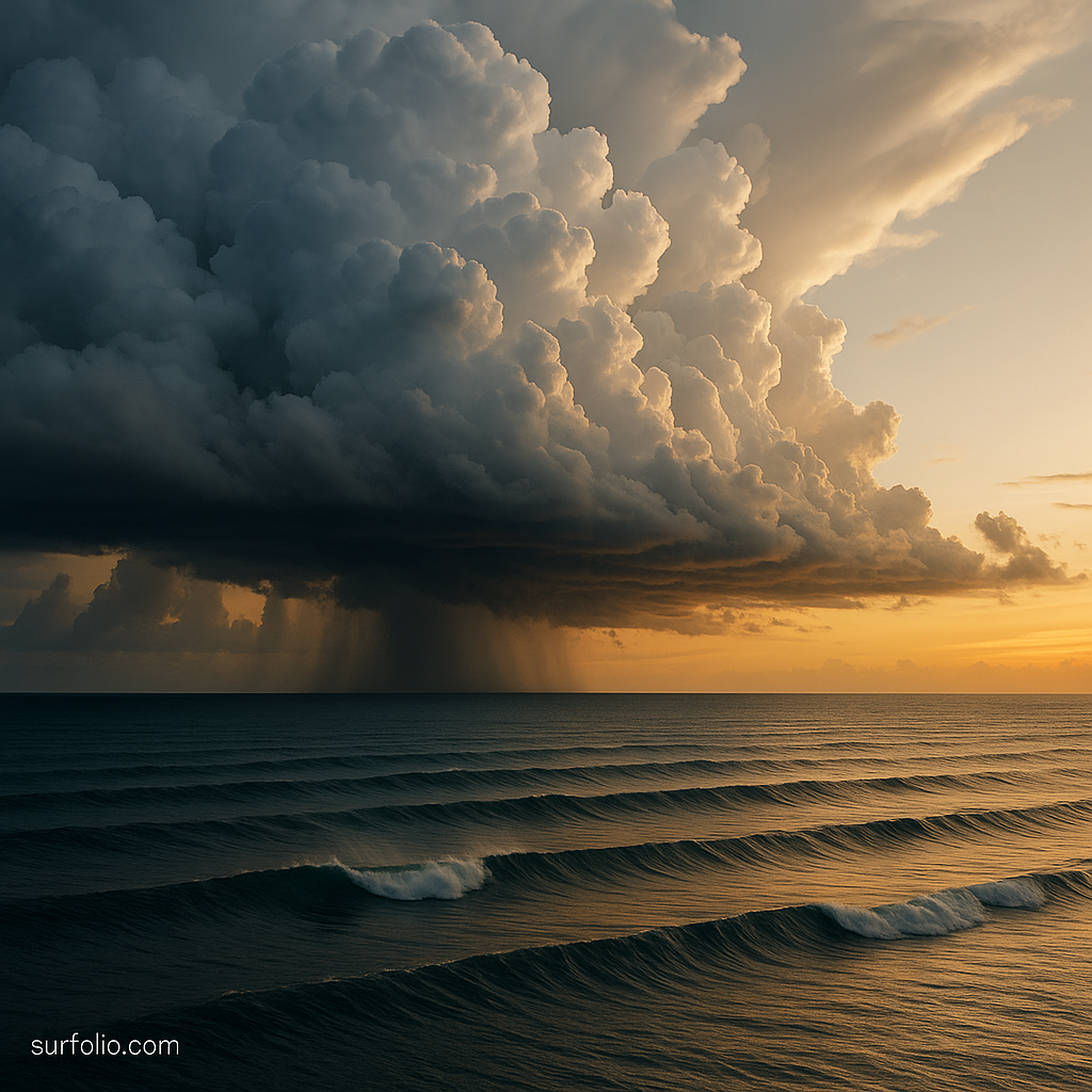 Ocean storm system forming at sea under dramatic clouds, sending long clean lines toward shore.
