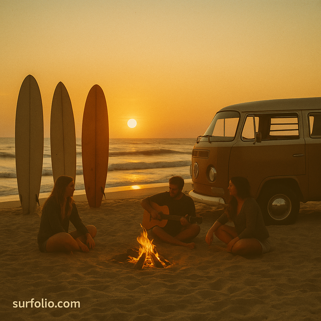 A 1960s beach scene with surfers playing guitar beside surfboards and a van.