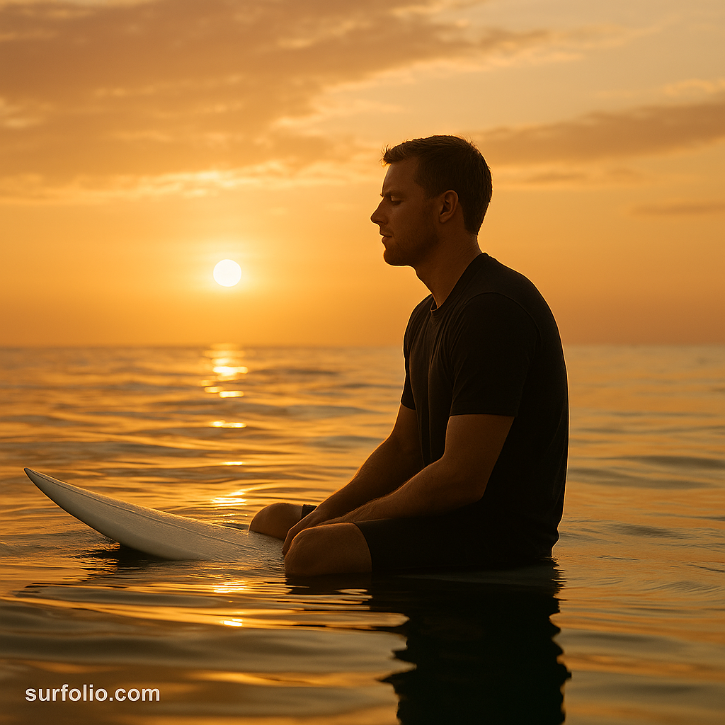 Surfer sitting calmly on a surfboard at sunrise, reflecting on the peaceful ocean to promote mindfulness and mental clarity.